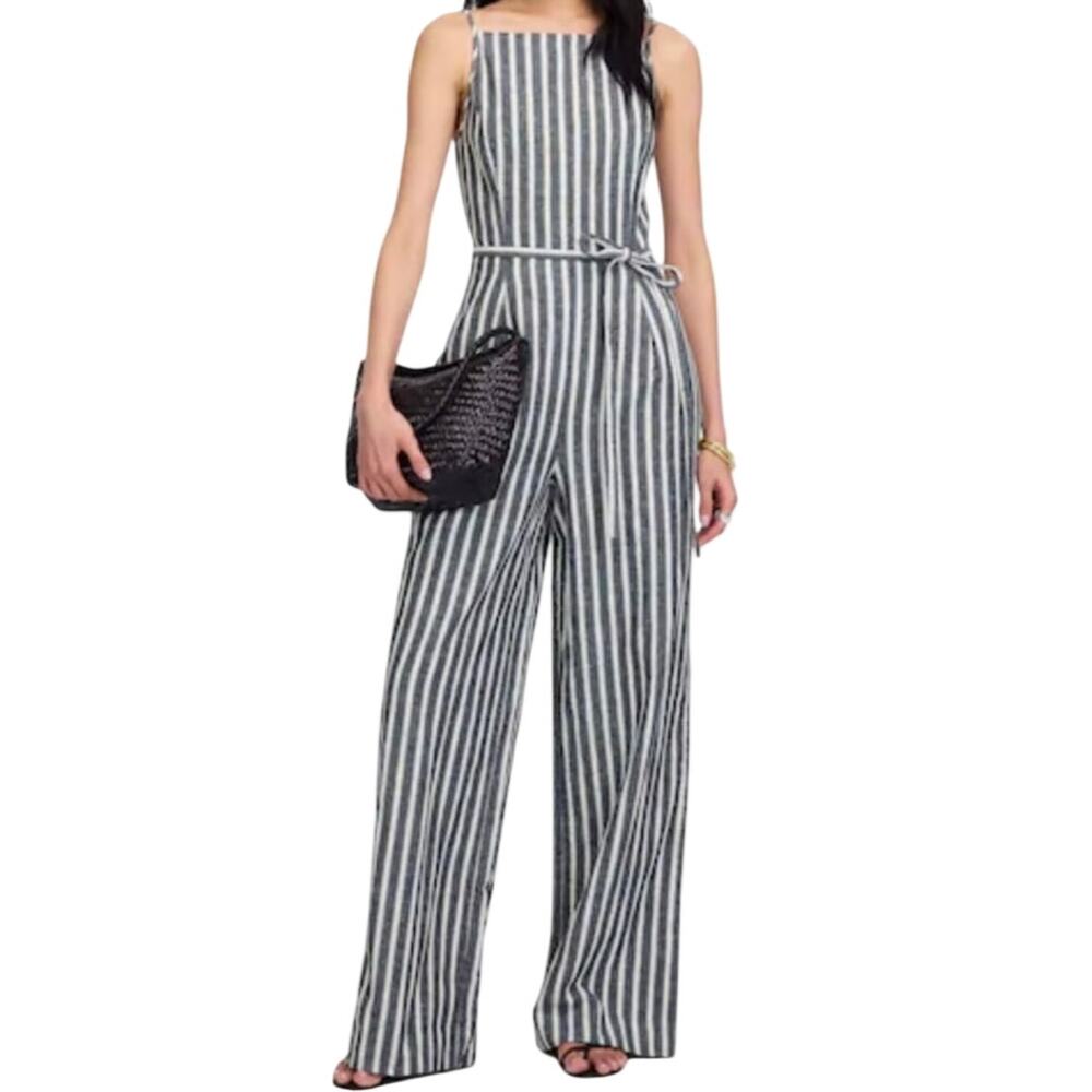 Madewell Pleated Wide-Leg Jumpsuit in Pinstripe Linen, Women's Size 6
